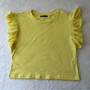 Zara Women's Shirt Size Small Yellow Ruffle Short Sleeve Cropped Top